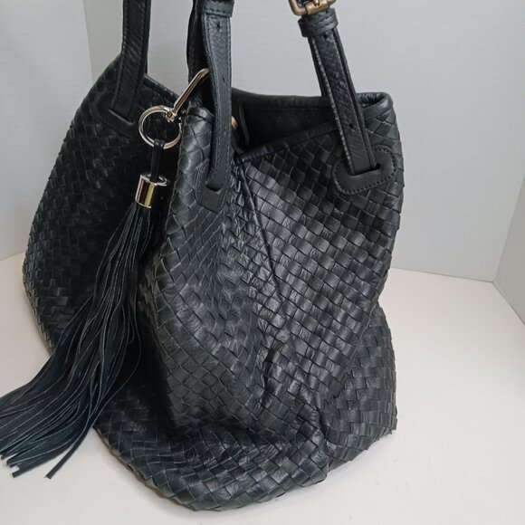 Vintage Valentina Women's Black Wicker Leather Bucket Shoulder Bag - Picture 3 of 12